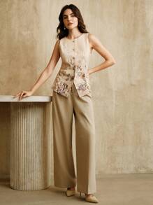 Anewsta Áo vest không tay cài nút họa tiết hoa lãng mạn thanh lịch và thời trang với thiết kế viền áo, áo khoác vest đa năng - màu nâu - Xem 5