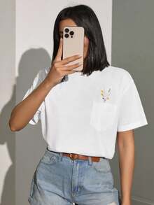 EURMUSE Embroidered Pocket Blouse – Minimalist White Design With Delicate Floral Embroidery On Front Pocket - White - View 3