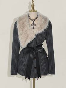 SHEIN ICON Chaqueta de mujer con cuello asimétrico de piel, parche de tela a rayas, cinturón, abrigo con cuello de piel, abrigo de raya de tiza, esponjoso y grueso para otoño/invierno - Gris Oscuro - Ver 6