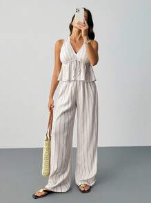 SHEIN Tall 2pcs Women's Striped Tie Waist Sleeveless Top And Pants Set, Tall Version, Classy Outfits For Women, Dress Casual, 2 Pieces Women's Summer Casual Resort Sleeveless Striped Tie Waist Waistband Sleeveless Top And Pants Summer Outfits For Women Two Pieces Set Women Vacation Outfits Woman Everyday Wear,Elegant Women's Set,Country Style For Women - White - View 5
