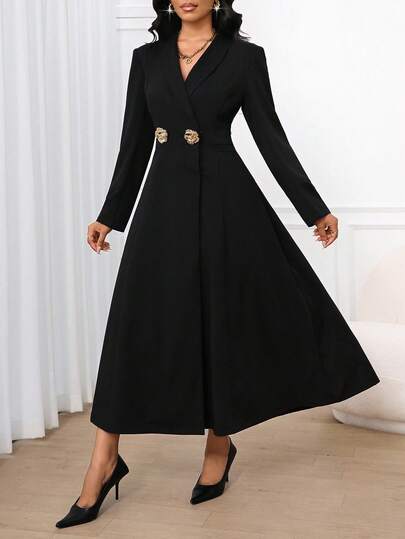 SHEIN Lady 秋冬女士时尚金属装饰风衣西装外套连衣裙