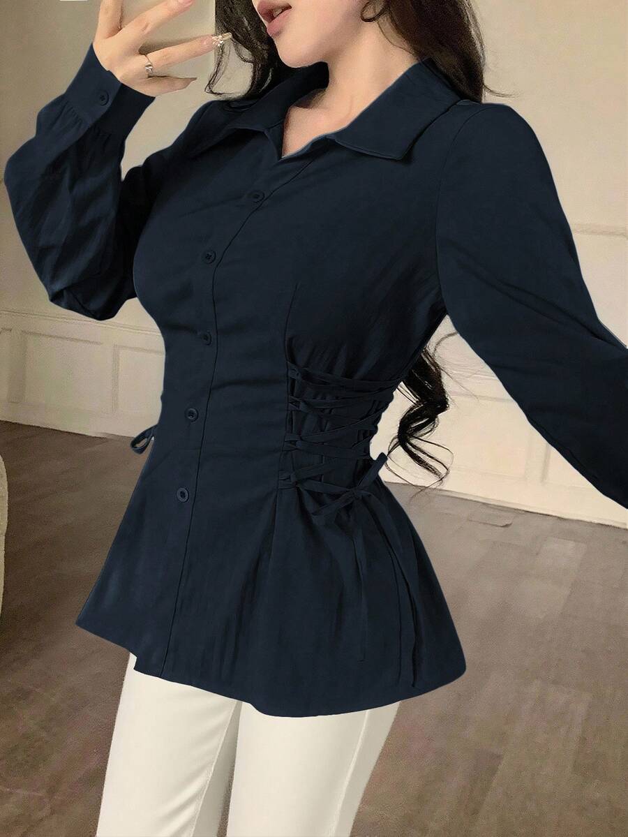 Modelyn Áo sơ mi thời trang màu trơn cổ bẻ chéo bên hông cài nút phía trước cho nữ Áo cánh màu xanh navy Áo cánh bó sát cho nữ Áo cánh tay dài Áo màu xanh đậm Áo corset