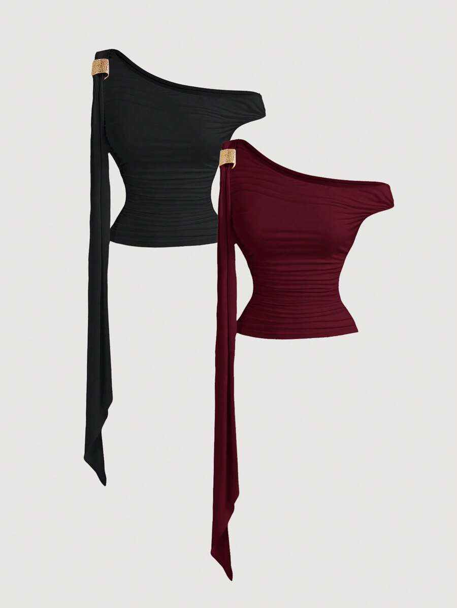 SHEIN MOD Conjunto de camisola elegante con volantes asimétricos y decoración vintage de metal - Burdeos - Ver 1