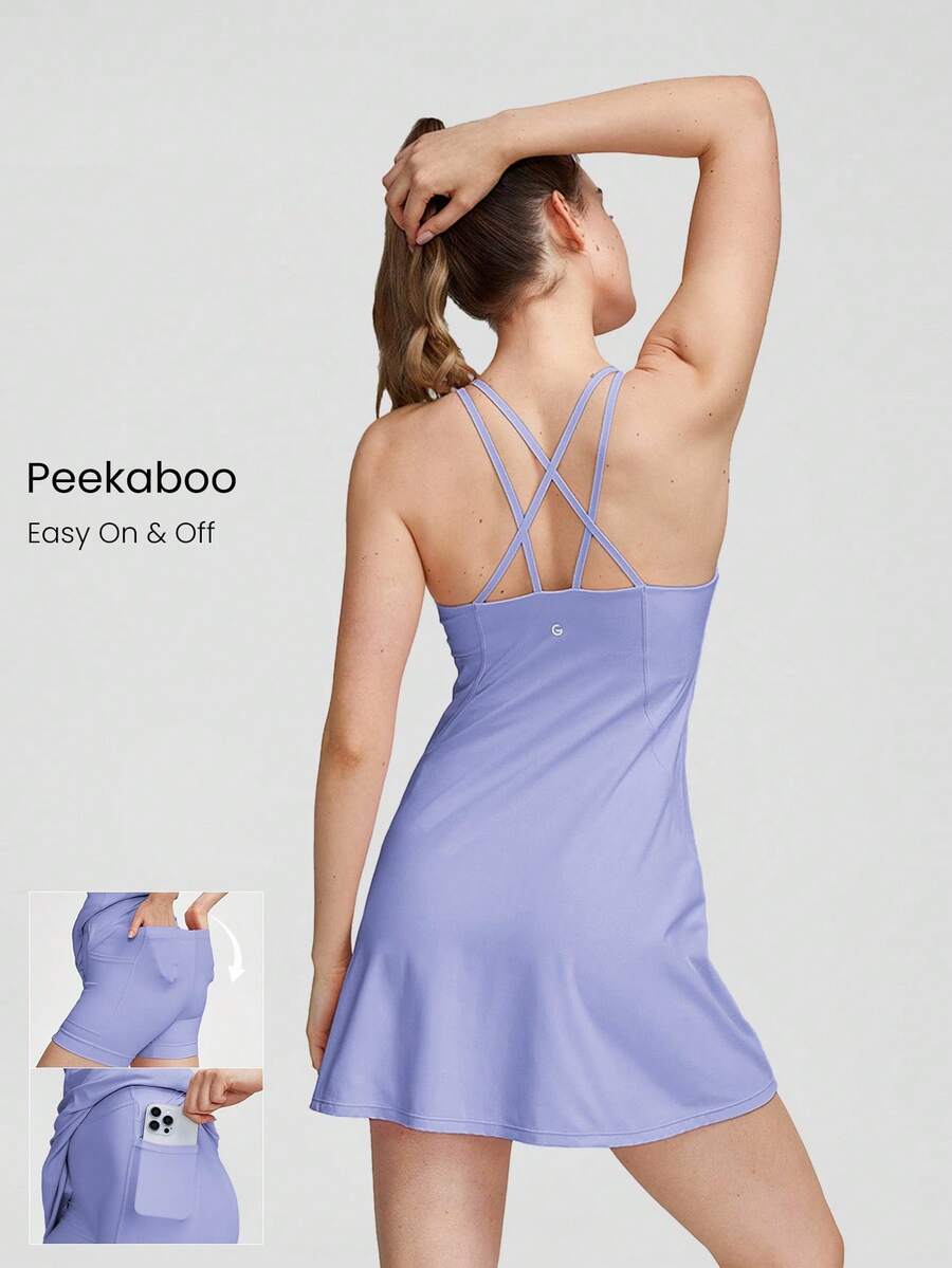 GLOWMODE FeatherFit™-Air Peekaboo方領口衛衣式口袋防滑活動短裙，內置短褲輕支撐低衝擊力春夏連衣裙 - 紫色 - 查看 1