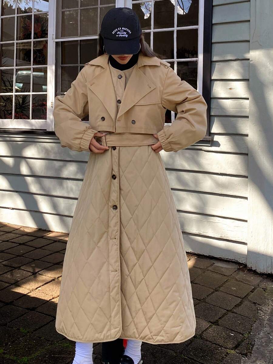 Livesso Women's Padded Coat, Windbreaker Style Rhombus Pattern Loose Solid Color Long Coat, Autumn/Winter - Khaki - View 1