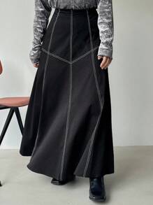 FRIFUL Chân váy dài dáng chữ A rộng rãi, có đường may trang trí, kiểu dáng thường ngày dành cho nữ, thích hợp cho mùa thu. - màu đen - Xem 7