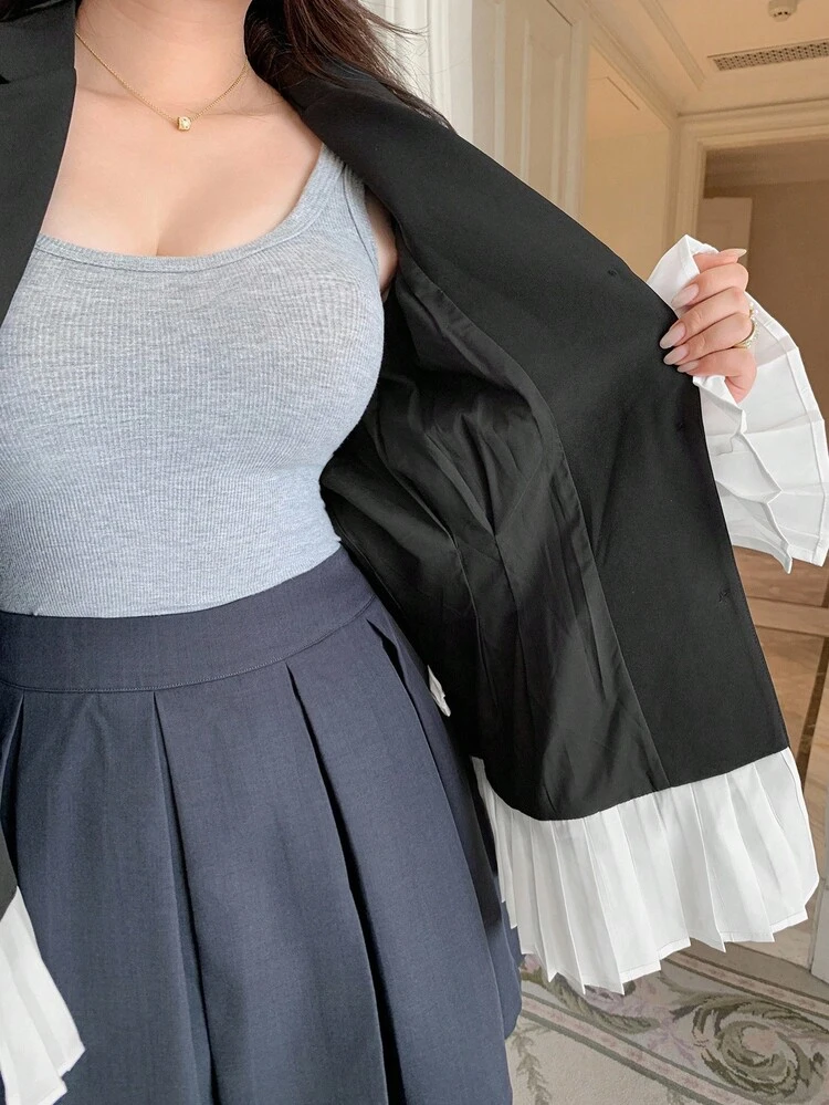 Dazy Plus Plus Size Women's Elegant Casual Black Jacket With Contrast Color Patchwork Hem, Turndown Collar And Cinched Waist, Autumn Women Coats