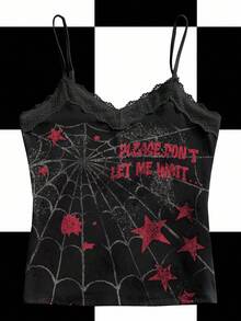 Lsscid Women's Black Spider Web & Star Gothic Punk Crop Top, Y2K Lace Trim Sleeveless Shirt, Y2K Baddie Goth Tank Top Punk Tops Spiderweb Tank Top Lace Trim Tank Top Y2k Tops - Black - View 4