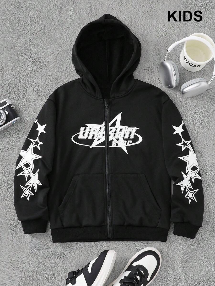 PAVTROS Star Print Streetwear Tween Boys Hooded Zip Up Jacket Chic Outfits For Autumn/Winter - Black - View 1