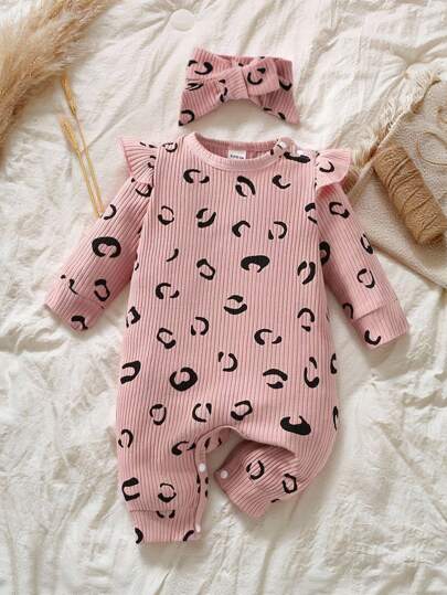 SHEIN Vintaside Kids 嬰兒女裝全印花荷葉邊連身褲和髮帶