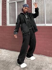 Manfinity Roghcode 男士闪亮拉链连帽长袖休闲运动衫（亮片和水钻应用随机）男士 Y2k 服装拉链连帽衫男士水钻连帽衫男士黑色水钻连帽衫 Y2k 连帽衫 - 黑色 - 查看 4