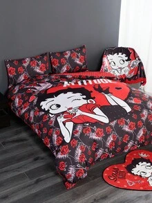 Betty Boop x SHEIN 3件套双面字母和数字图案被套，适用于单人床/双人床/大号床/特大号床，宿舍/家居，礼品之选，派对，节日，情人节