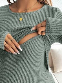 SHEIN Maternity Solid Color Round Neck Long Sleeve Ribbed Nursing Top Pregnancy Top - Green - View 5