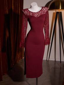 Slumberist 蕾丝拼接透视设计喇叭袖性感修身侧开衩女式睡袍，秋季 - 酒紅色 - 查看 7