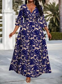 SHEIN Lady Spring And Summer Elegant Commuting Office Colorful Knitted Round Neck Flared Three Quarter Length Sleeve Plus Size Dresses Summer Outfits For Women Summer Dresses For Women Office Outfits For Women Office Dresses