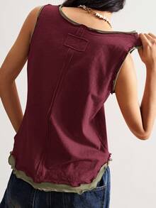 Bohemela Camiseta sin mangas de mujer de punto informal con cuello redondo y parches - Rojo - Ver 2