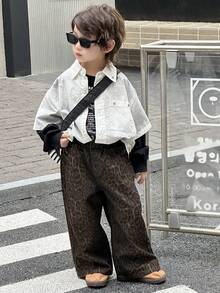 Dazy Kids 秋季幼儿男童宽松直筒豹纹牛仔裤休闲街头风裤子 - 藍色 - 查看 2