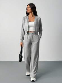 SHEIN Tall Bộ 2 món áo và quần trơn màu thường ngày dành cho nữ - Xám - Xem 5