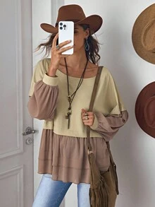 LanaWest Women's Western Casual Khaki Oversized Crew Neck Long Sleeve Gathered Fabric Contrast Patchwork Design Loose Sweatshirt Fall Cloth For Women