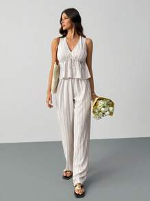 SHEIN Tall 2pcs Women's Striped Tie Waist Sleeveless Top And Pants Set, Tall Version, Classy Outfits For Women, Dress Casual, 2 Pieces Women's Summer Casual Resort Sleeveless Striped Tie Waist Waistband Sleeveless Top And Pants Summer Outfits For Women Two Pieces Set Women Vacation Outfits Woman Everyday Wear,Elegant Women's Set,Country Style For Women - White - View 3