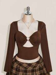 SHEIN ICON 加大码心形钻石装饰透明网眼拼接修身镂空长袖黑色T恤 - 棕色 - 查看 4