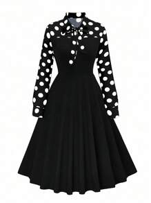 加大码优雅波尔卡圆点印花结饰拼接连衣裙，秋季长款女装 - 彩色 - 查看 4