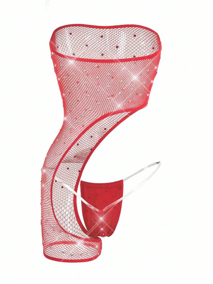 ChaseTheNight Bộ đồ lót nữ 2 mảnh thiết kế bất đối xứng đính đá lấp lánh gợi cảm & quyến rũ + quần lọt khe gợi cảm, đi chơi - Đỏ - Xem 2