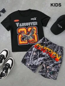 PAVTROS 2 件套 Tween Boy 套装：字母和老鹰印花圆领宽松 T 恤和短裤 - 彩色 - 查看 1