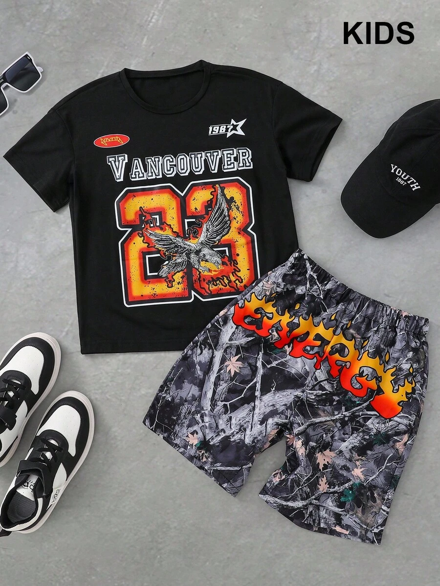 PAVTROS 2 件套 Tween Boy 套装：字母和老鹰印花圆领宽松 T 恤和短裤 - 彩色 - 查看 1