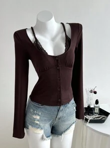 Elamini 1 pieza Camiseta de manga larga con cuello redondo, ajustada, de estilo casual con detalles de encaje marrón y parches, para la temporada de vuelta al colegio