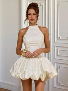 SHEIN BAE 白色纹理泡泡迷你连衣裙，优雅无袖连衣裙，适合早午餐、伴娘、婚礼、春夏季 - 白色 - 查看 4