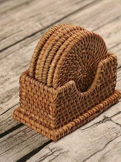 SHEIN 1 pieza/6 piezas Posavasos de ratán hechos a mano con patrón de vid otoñal, resistentes al calor, para cocina y comedor, accesorios de almacenamiento de té de madera, sin marco