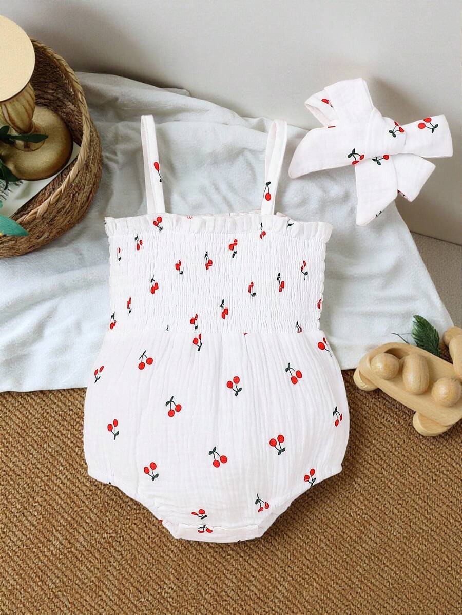 SHEIN Vintaside Kids Baby Girl Cherry Print Shirred Frill Trim Cami Bodysuit - White - View 1