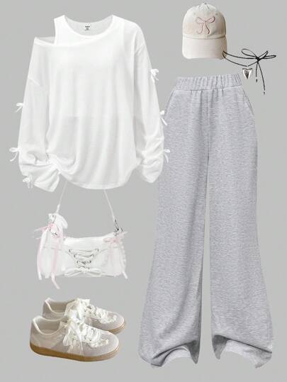 3 件套青少年女孩白色蝴蝶结装饰 U 领宽松防晒长袖 T 恤、纯色背心和休闲运动裤，宽松休闲装，适合春秋季