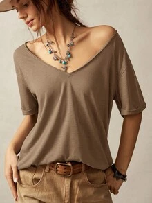 Bohemela Women's Casual Solid Color V-Neck Short Sleeve Loose T-Shirt