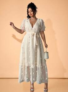 Cravure 女士 V 领提花泡泡袖系腰优雅连衣裙，春夏