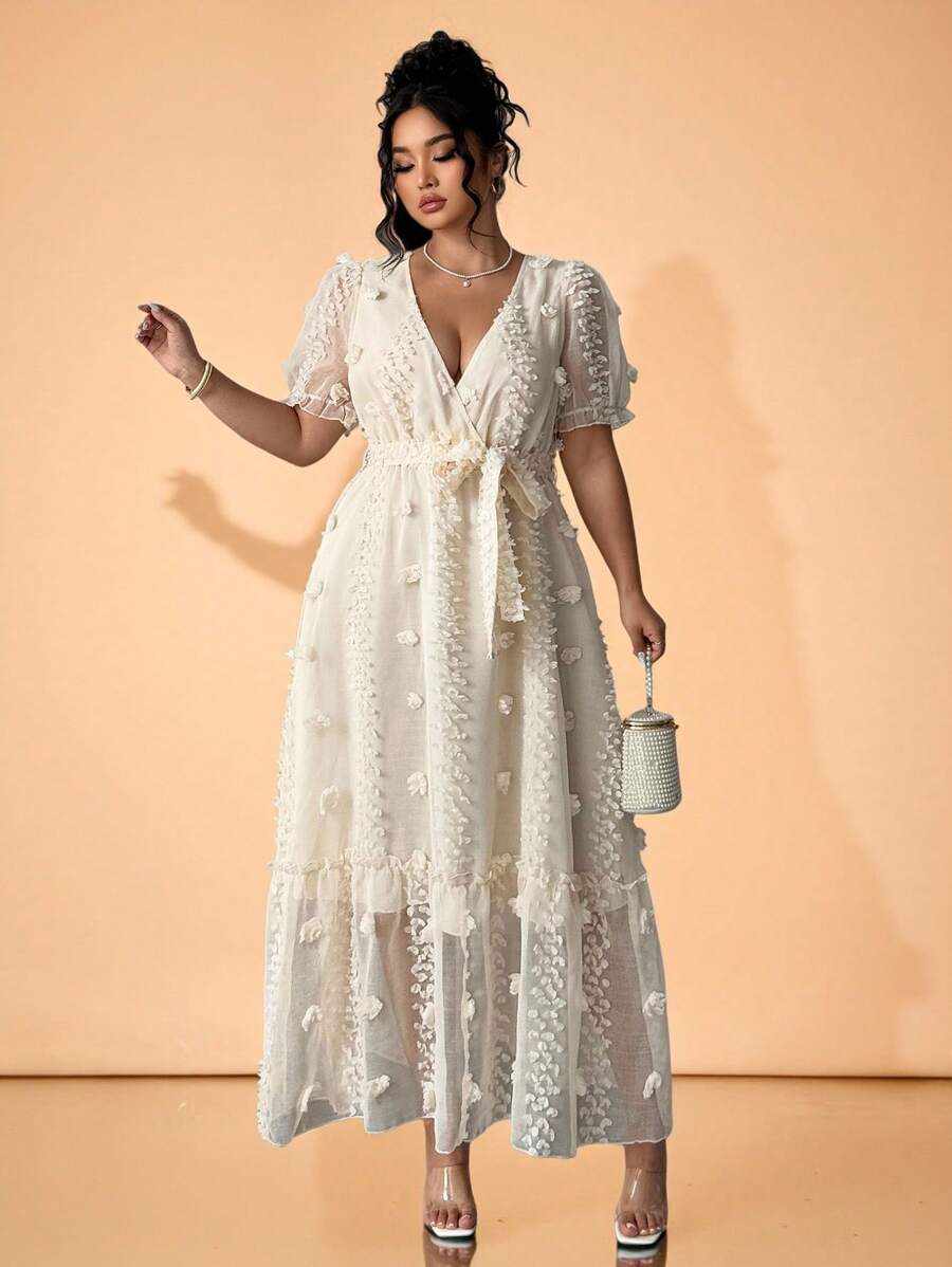 Cravure 女士 V 领提花泡泡袖系腰优雅连衣裙，春夏