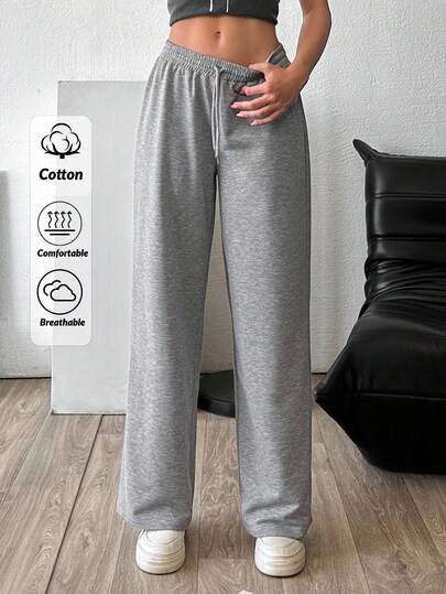 SHEIN Calça de moletom feminina plus size, cor sólida, casual, cintura média, pernas largas e cordão.