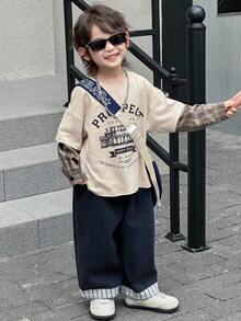 DAZY 幼儿男童宽松圆领T恤，格子袖字母印花，休闲秋季款 - 卡其色 - 查看 2