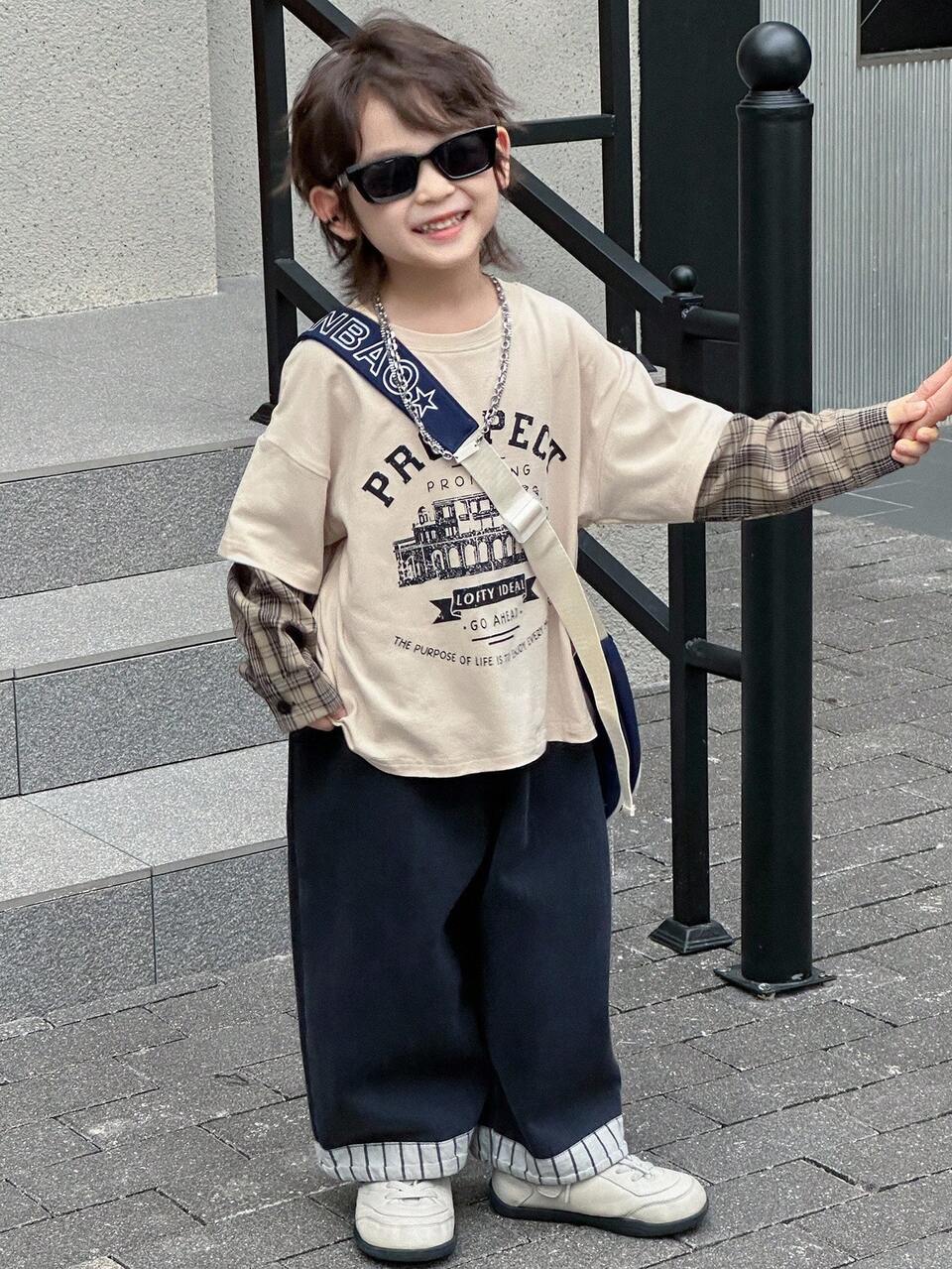 Young Boys Loose Fit Round Neck T-Shirt, Plaid Sleeve & Letter Print, Casual, Autumn Long Sleeve Tops