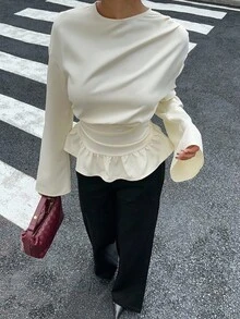Siren Gaze Ruched Drape Long Sleeve Shirt, White Collar Shirt, Crew Neck Pullover Shirt Peplum Blouse Ruffle Blouse Cream Blouse Modest Blouse Winter Casual Spring - Apricot - View 7