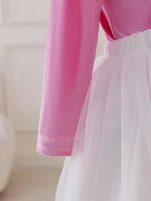 Glamorique Kids 女童天鹅绒斜肩3D花卉上衣和网眼裙两件套，适合节日、派对、活动 - 粉色 - 查看 8