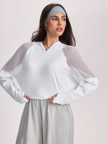 SHEIN Sports 女士休闲纯色运动网眼拼接卫衣 - 白色 - 查看 3