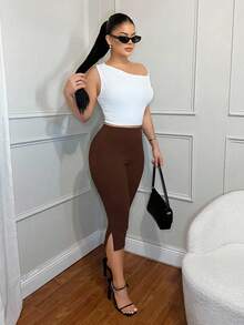 SHEIN SXY Leggings capri de mujer de unicolor con cintura elástica y dobladillo dividido informal - Marrón - Ver 5