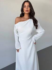 Firerie Vestido de mujer nuevo, elegante y casual para uso diario y urbano, con cuello asimétrico blanco, manga larga, volantes en el bajo y cinturón en la cintura. Vestido con cuello asimétrico, atuendo para el aeropuerto, atuendos de vacaciones, temporada de regreso a la escuela - Blanco - Ver 3