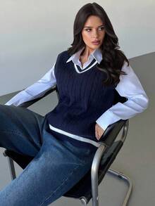 Firerie 女式条纹撞色麻花针织 V 领毛衣背心（不含衬衫），基本款日常通勤针织上衣，百搭必备，秋冬服装，通勤，优雅，休闲，日常，工作 - 藏蓝色 - 查看 7