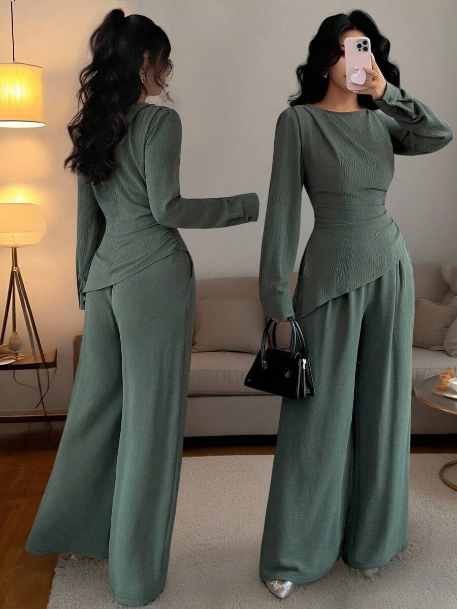 SHEIN Raffinéa 2件套女士纯色褶边不对称下摆长袖套装