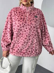 SHEIN CURVE+ 大码女式豹纹羊毛拉链卫衣，毕业季长袖上衣，秋冬季返校必备 - 彩色 - 查看 5