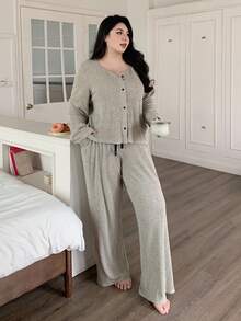 Dazy Plus 3pcs Plus Size Women Ribbed Fabric Robe & Camisole Top And Pants Pajama Set, Autumn, Fall Winter Clothes, Cozy Outfits - Olive Green - View 6