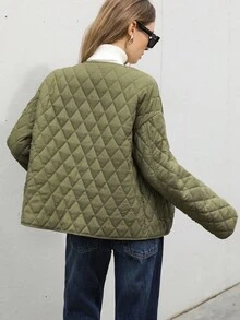 Aveloria Modichic 时尚休闲百搭通勤仿亚麻菱形绗缝圆领口袋纽扣女式夹棉大衣 - 軍綠色 - 查看 6